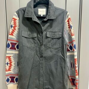 Trendy Shacket with vibrant knit sleeves